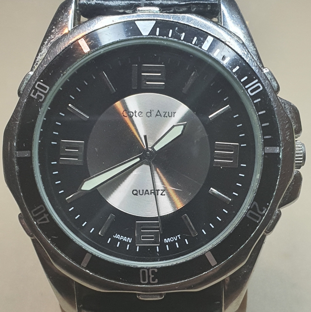10/$20 Cote D' Azur Silver/Black Leather Men's Watch